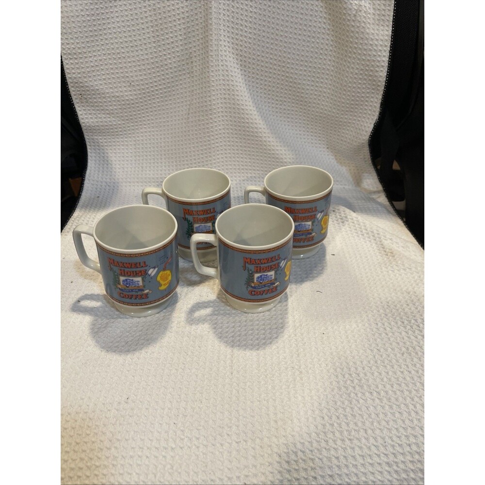 Vintage Maxwell House Coffee Cups Set of 4 Footed Mugs 1970s Milk Glass
